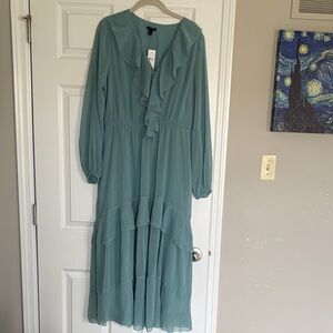 Ann Taylor Teal Ruffle-Front Long Sleeve Maxi Dress